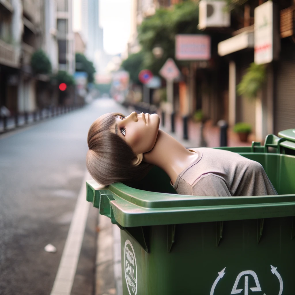 Sexpuppe in einer Mülltonne